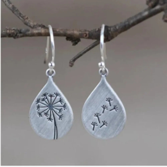 Silver Dandelion Drop Dangle Boho Earrings - Picture 1 of 7